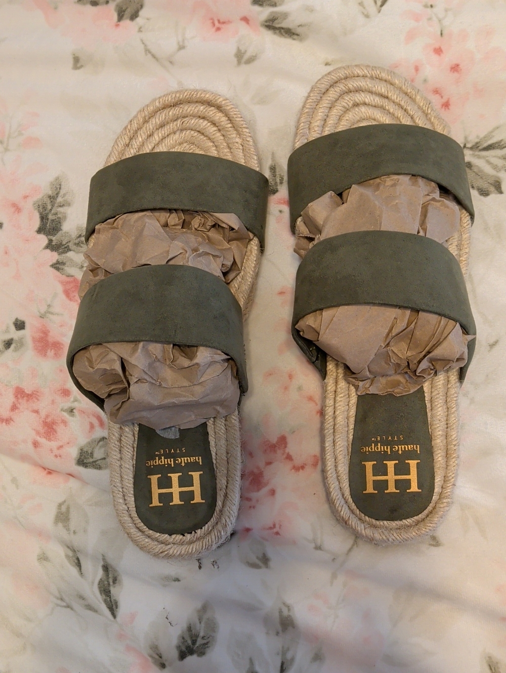 Haute Hippie Olive Green Double-Strap Rope Slide Sandals